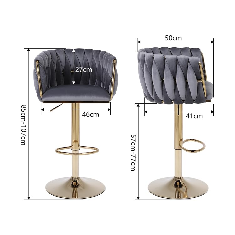 HYGRAD BUILT TO SURVIVE Set of 2 x Velvet Woven Upholstered Adjustable High Swivel Breakfast Bar Pub Home Stool Chair With Gold Metal base & Gas Lift (Grey/Gold) HYGRAD BUILT TO SURVIVE