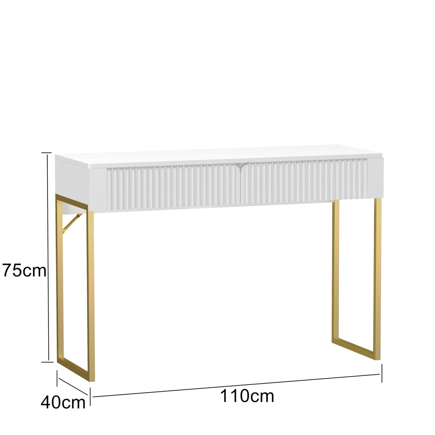 Free Standing White Elegant Fluted Wooden Computer Study Writing Desk Vanity Console Beauty Table With Golden Legs HYGRAD BUILT TO SURVIVE