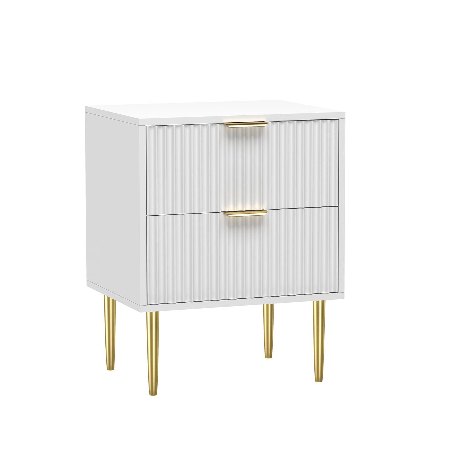 HYGRAD BUILT TO SURVIVE White Wooden 2 Drawer Chic Fluted Bedside End Sofa Table Nightstand For Living Bedroom Home With 4 Golden Legs HYGRAD BUILT TO SURVIVE