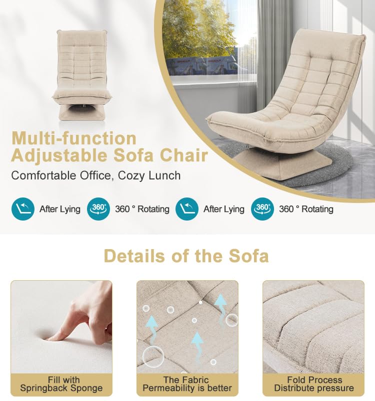 HYGRAD BUILT TO SURVIVE Swivel Armchair Chair, 5-Fold Adjustable Lazy High Lounge, Folding Swing Chair 360-Degree Rotatable With Adjustable Backrest, For Home & Living Room (Cream) HYGRAD BUILT TO SURVIVE