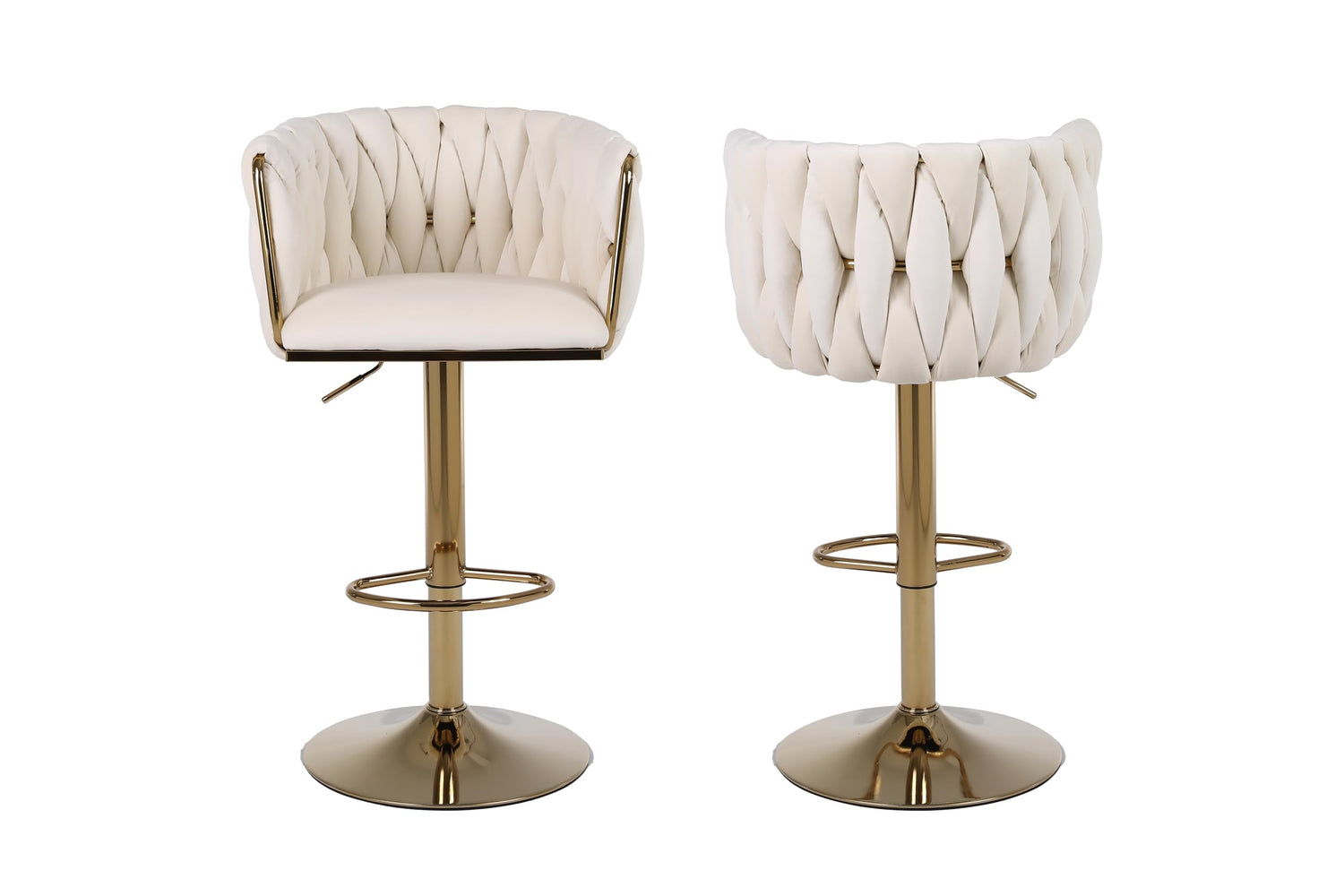 HYGRAD BUILT TO SURVIVE Set of 2 x Velvet Woven Upholstered Adjustable High Swivel Breakfast Bar Pub Home Stool Chair With Gold Metal base & Gas Lift (Cream/Gold) HYGRAD BUILT TO SURVIVE