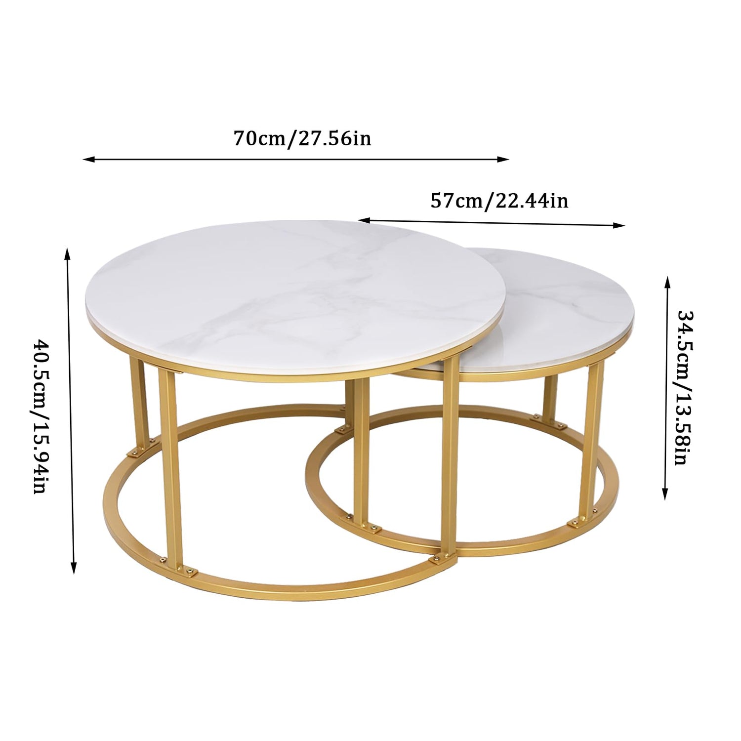 HYGRAD BUILT TO SURVIVE 2 x Round Sintered Stone With Metal Frame Marble Effect Nesting Coffee End Sofa Tables Home Living Room Furniture 70 x 70cm (White/Gold) HYGRAD BUILT TO SURVIVE