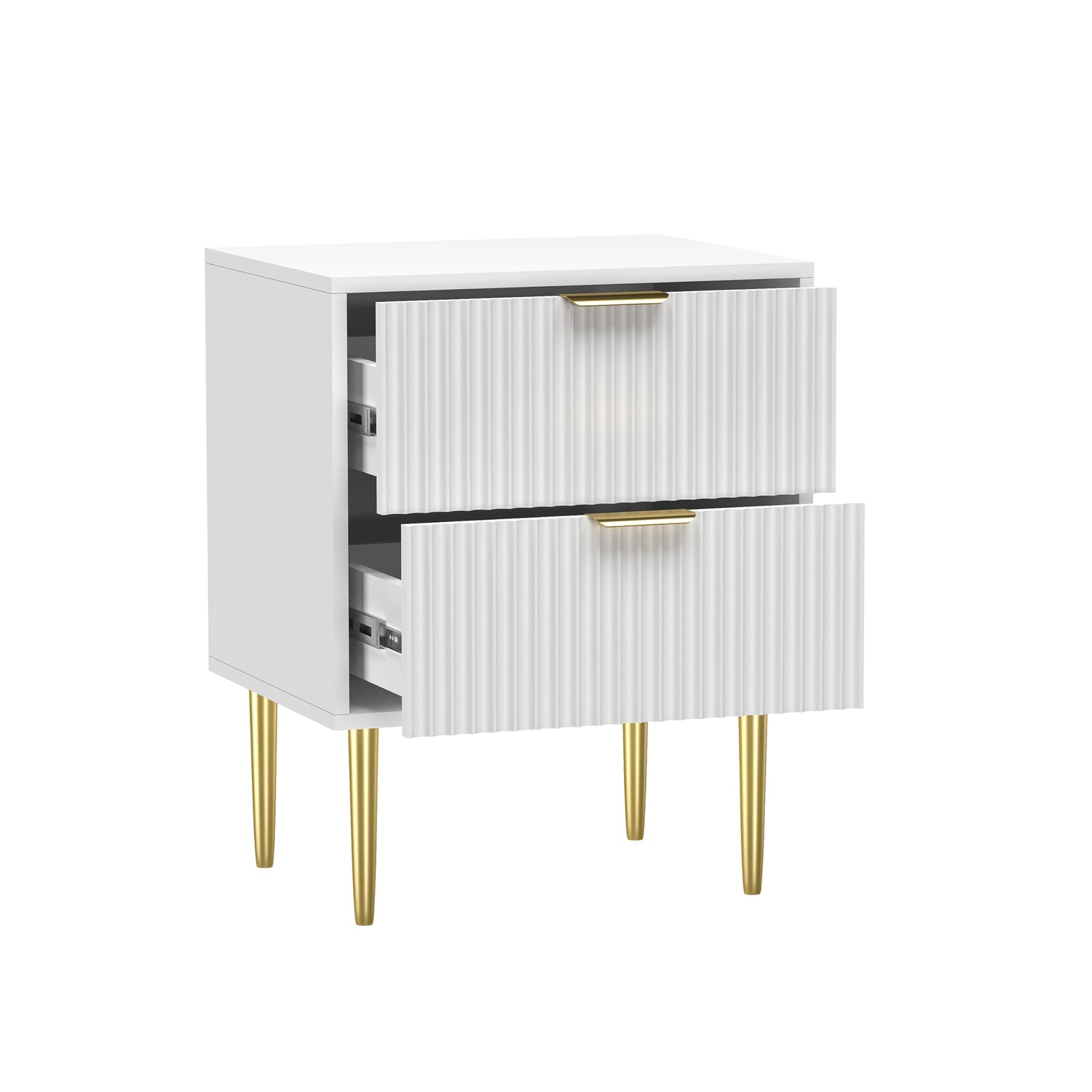 HYGRAD BUILT TO SURVIVE White Wooden 2 Drawer Chic Fluted Bedside End Sofa Table Nightstand For Living Bedroom Home With 4 Golden Legs HYGRAD BUILT TO SURVIVE
