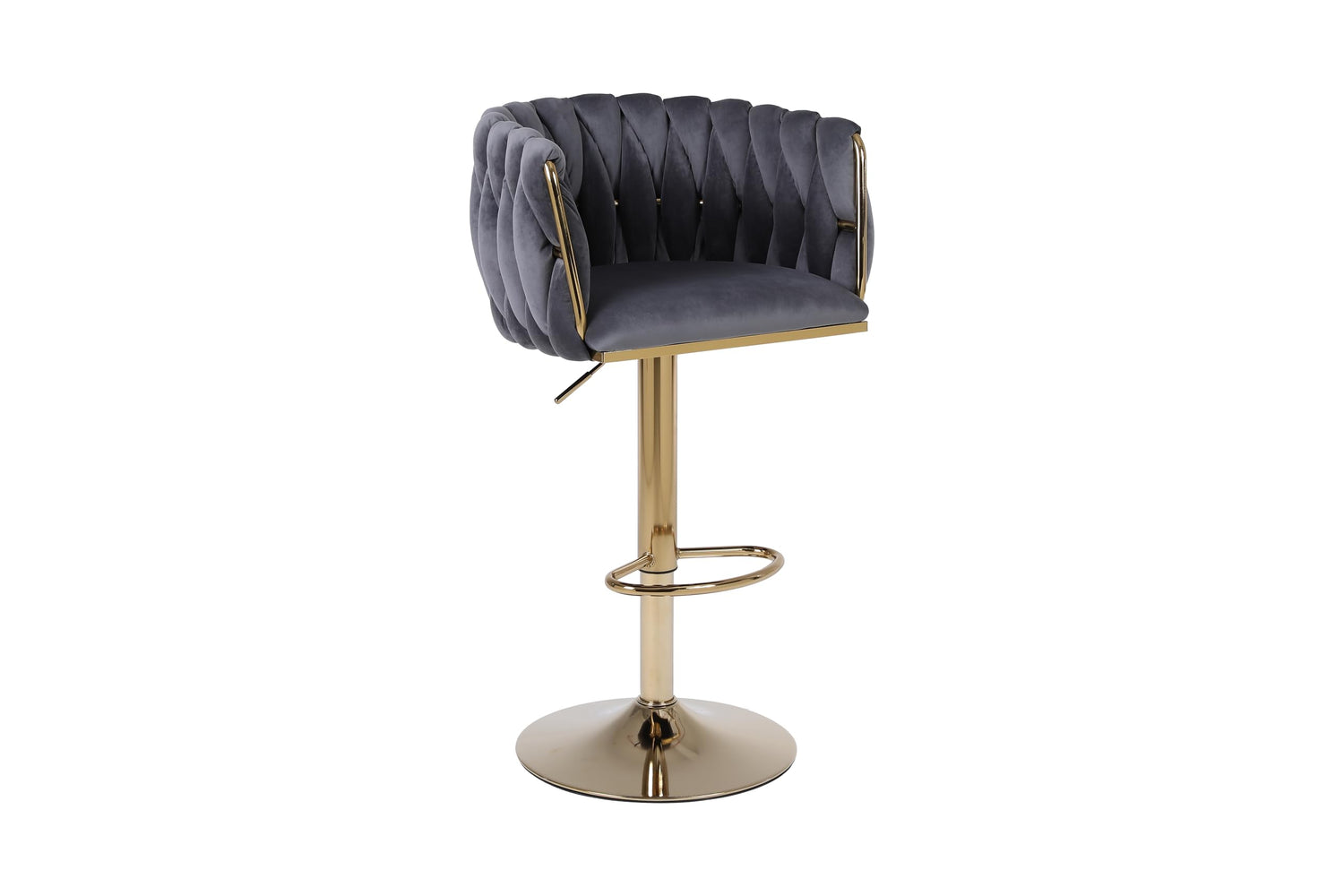 HYGRAD BUILT TO SURVIVE Set of 2 x Velvet Woven Upholstered Adjustable High Swivel Breakfast Bar Pub Home Stool Chair With Gold Metal base & Gas Lift (Grey/Gold) HYGRAD BUILT TO SURVIVE