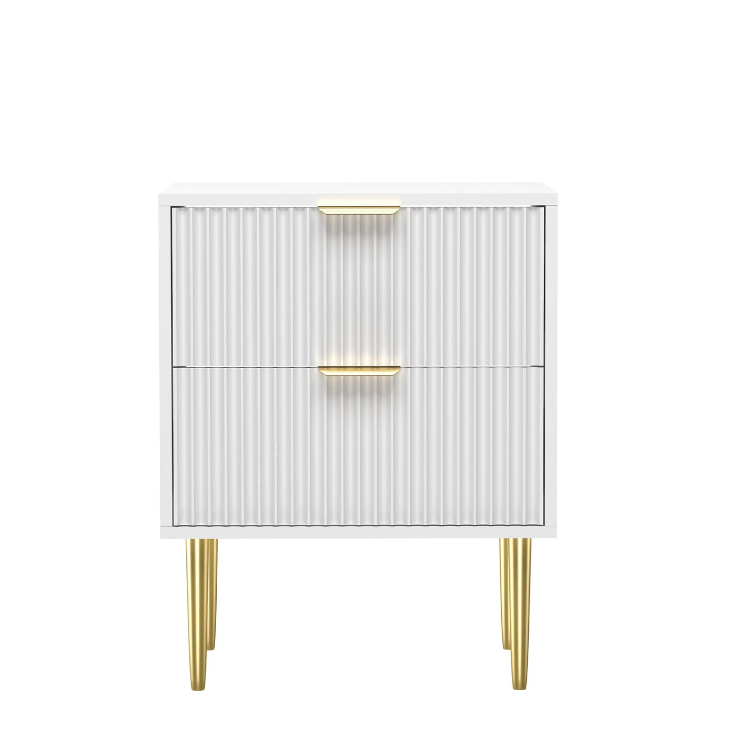 HYGRAD BUILT TO SURVIVE White Wooden 2 Drawer Chic Fluted Bedside End Sofa Table Nightstand For Living Bedroom Home With 4 Golden Legs HYGRAD BUILT TO SURVIVE