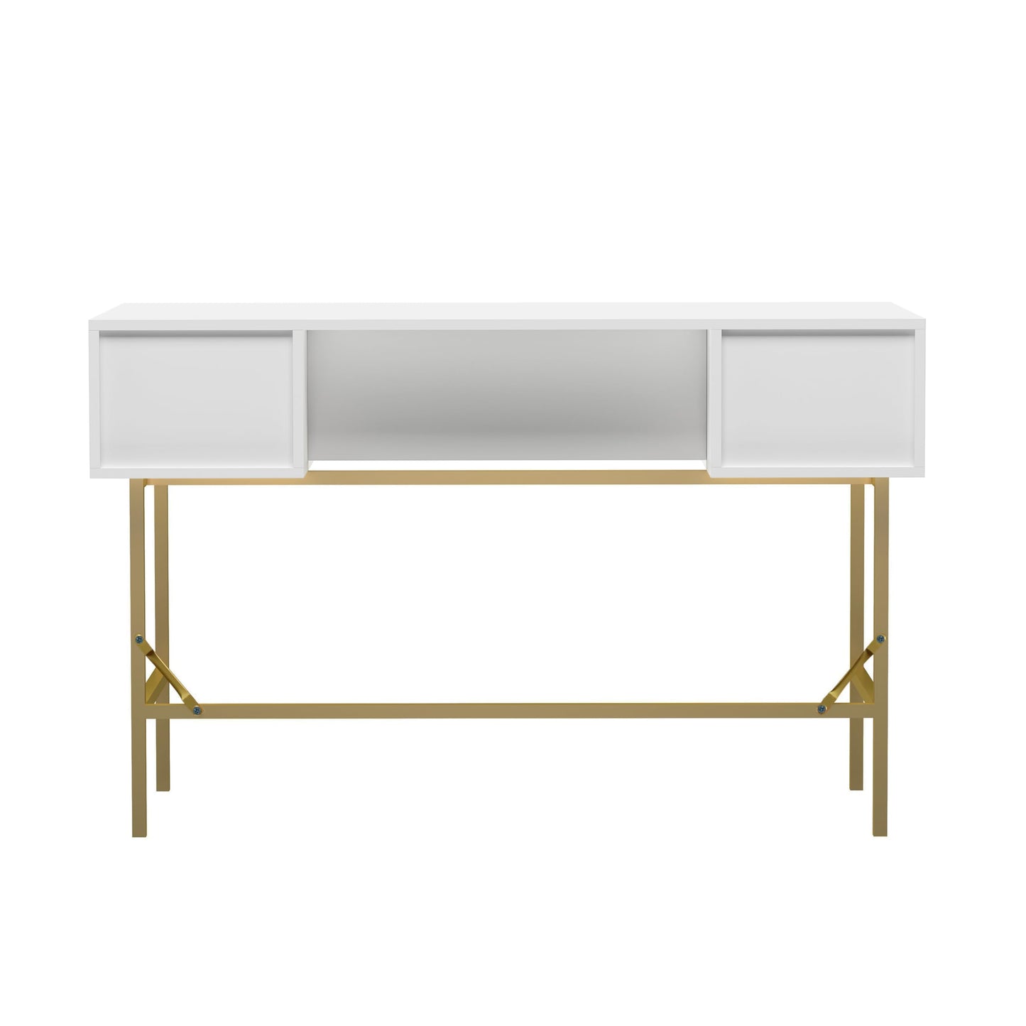 HYGRAD BUILT TO SURVIVE 121cm Wide Free Standing White Wooden Fluted Chic Writing Study Computer Desk Vanity Console Dressing Table 3 Drawers With Gold Metal Frame HYGRAD BUILT TO SURVIVE