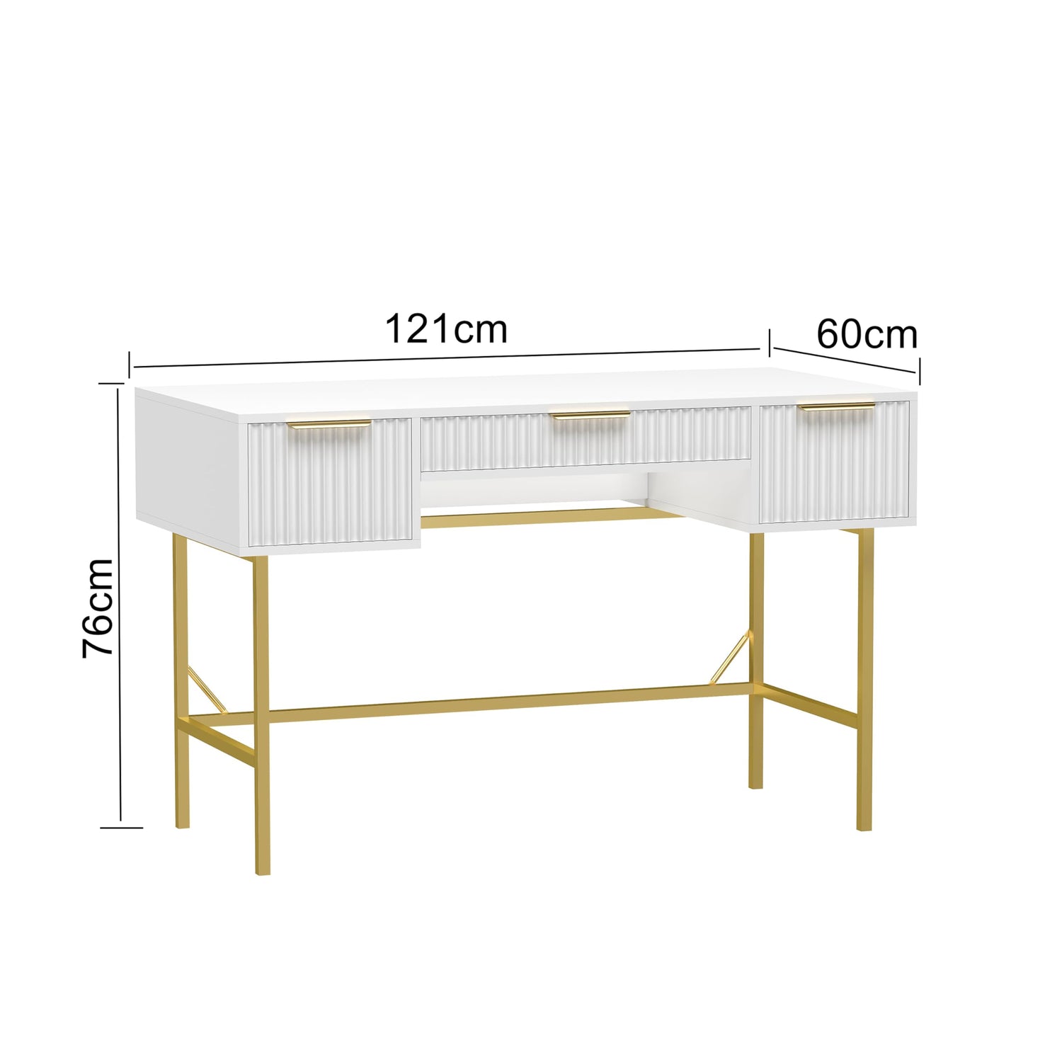HYGRAD BUILT TO SURVIVE 121cm Wide Free Standing White Wooden Fluted Chic Writing Study Computer Desk Vanity Console Dressing Table 3 Drawers With Gold Metal Frame HYGRAD BUILT TO SURVIVE