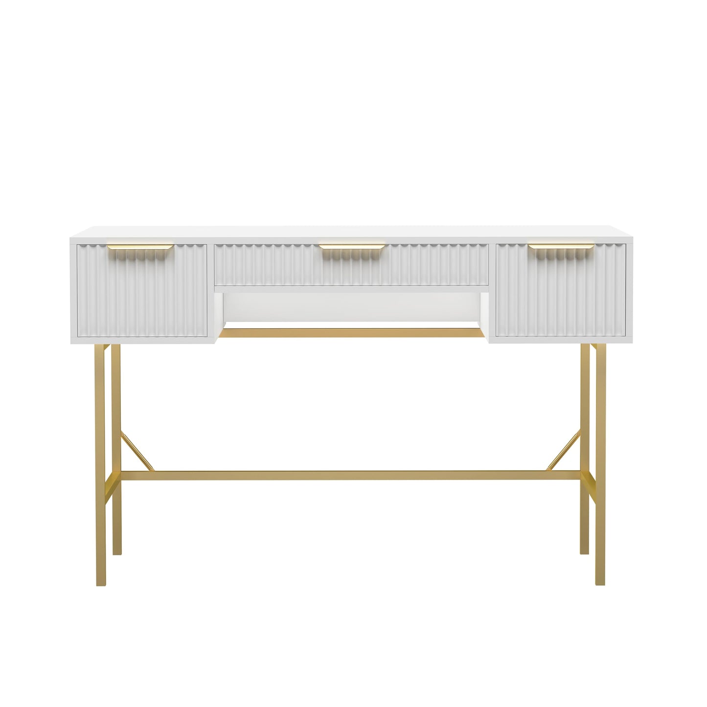 HYGRAD BUILT TO SURVIVE 121cm Wide Free Standing White Wooden Fluted Chic Writing Study Computer Desk Vanity Console Dressing Table 3 Drawers With Gold Metal Frame HYGRAD BUILT TO SURVIVE