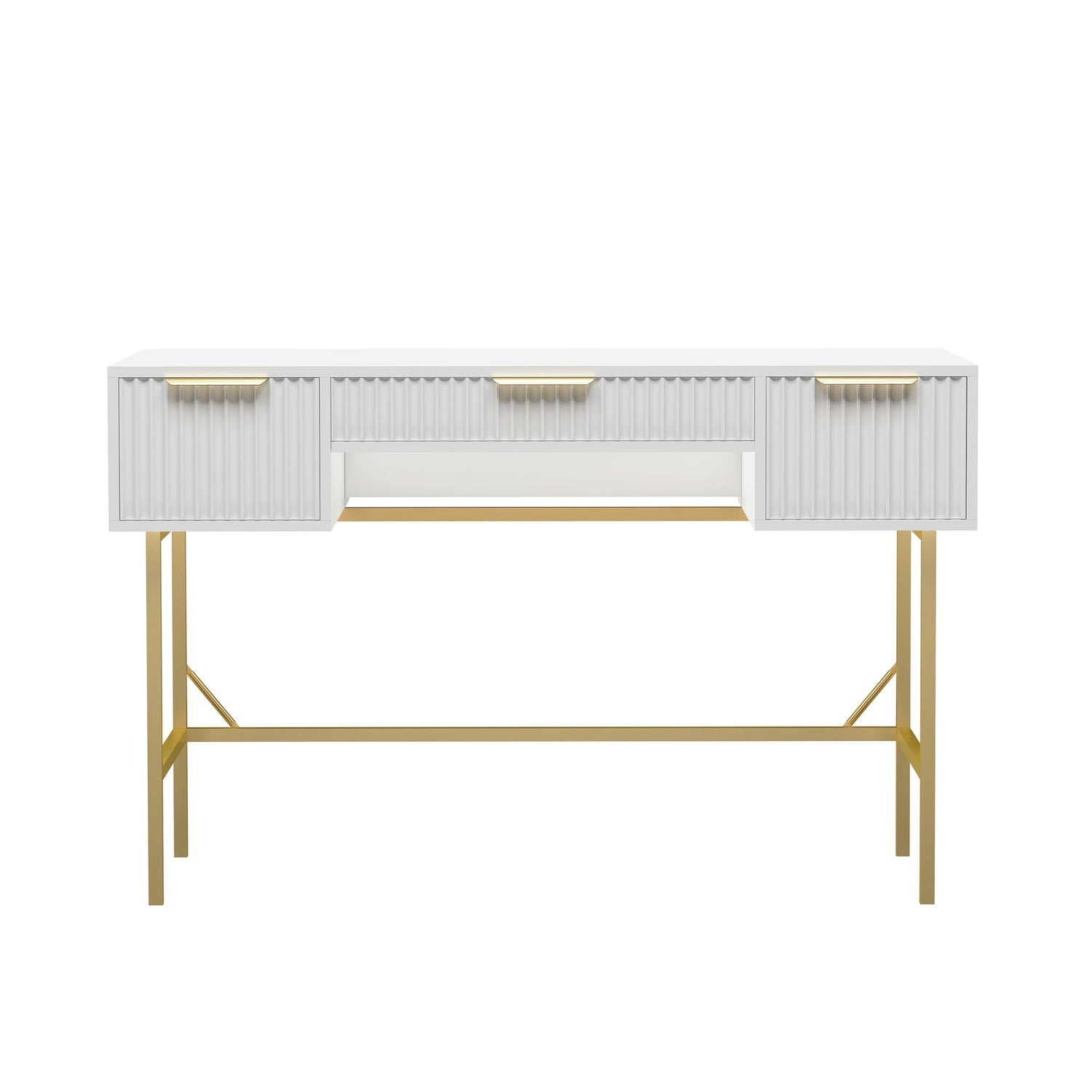 HYGRAD BUILT TO SURVIVE 121cm Wide Free Standing White Wooden Fluted Chic Writing Study Computer Desk Vanity Console Dressing Table 3 Drawers With Gold Metal Frame HYGRAD BUILT TO SURVIVE