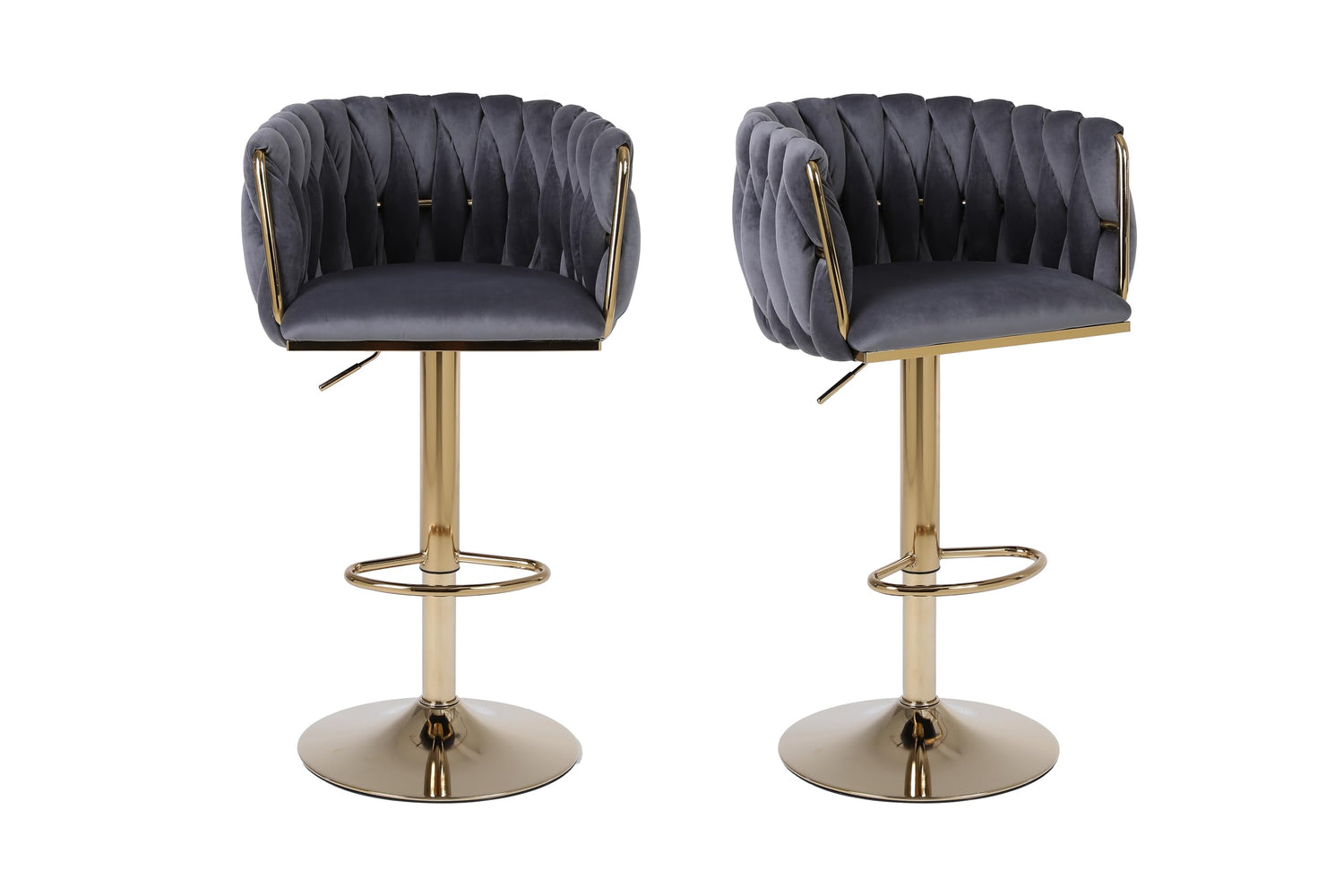 HYGRAD BUILT TO SURVIVE Set of 2 x Velvet Woven Upholstered Adjustable High Swivel Breakfast Bar Pub Home Stool Chair With Gold Metal base & Gas Lift (Grey/Gold) HYGRAD BUILT TO SURVIVE