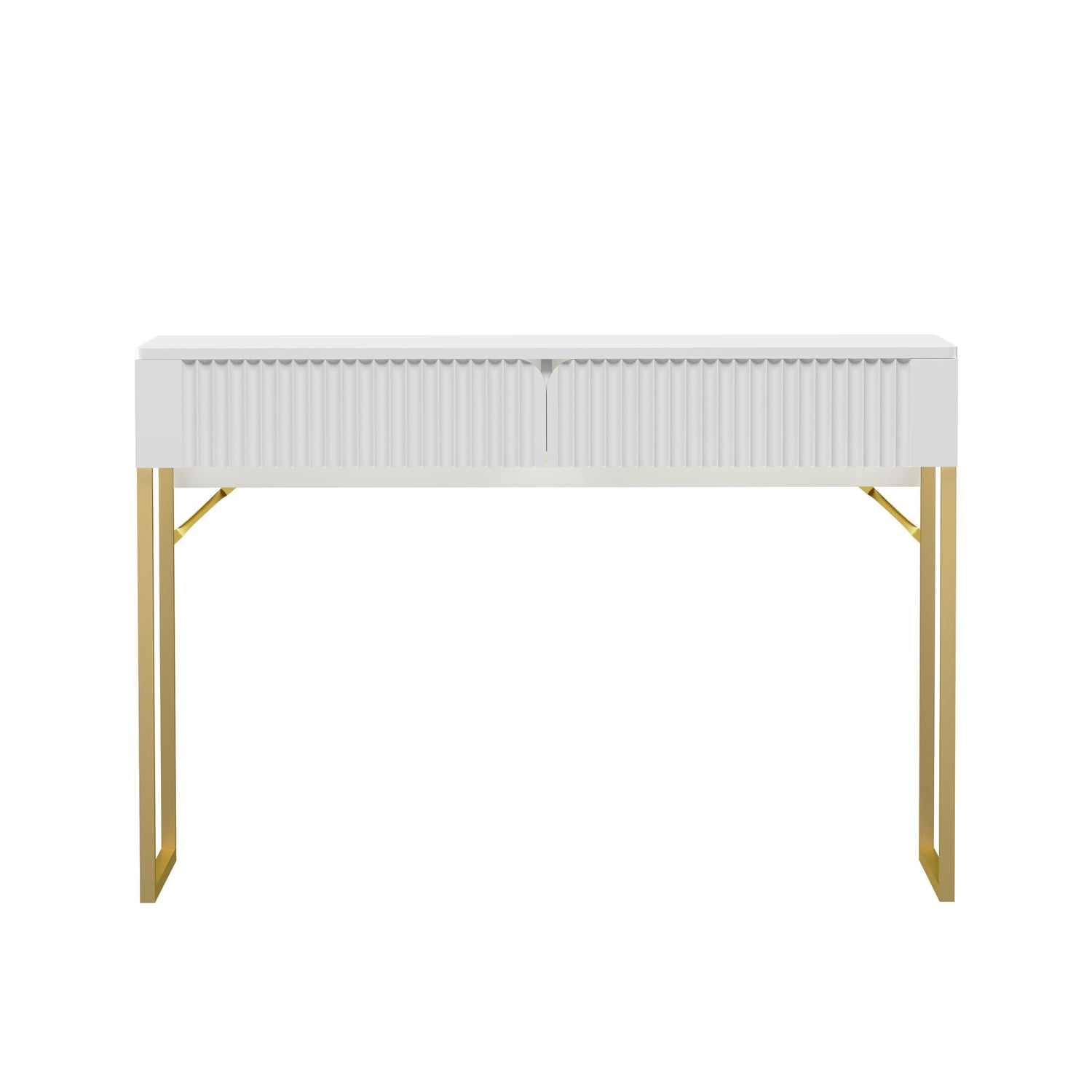 Free Standing White Elegant Fluted Wooden Computer Study Writing Desk Vanity Console Beauty Table With Golden Legs HYGRAD BUILT TO SURVIVE