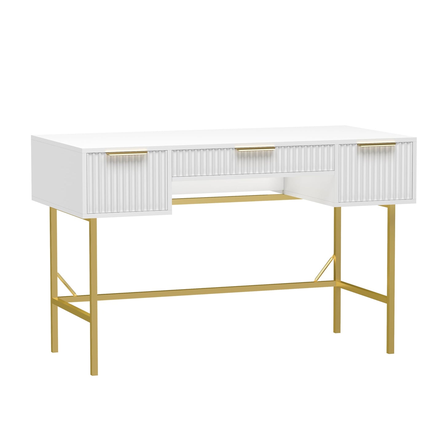 HYGRAD BUILT TO SURVIVE 121cm Wide Free Standing White Wooden Fluted Chic Writing Study Computer Desk Vanity Console Dressing Table 3 Drawers With Gold Metal Frame HYGRAD BUILT TO SURVIVE