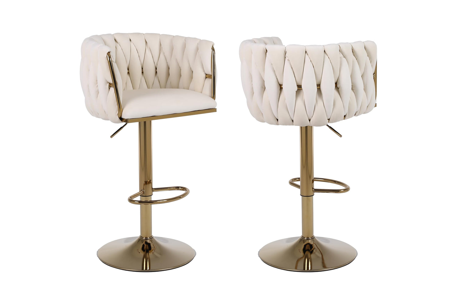 HYGRAD BUILT TO SURVIVE Set of 2 x Velvet Woven Upholstered Adjustable High Swivel Breakfast Bar Pub Home Stool Chair With Gold Metal base & Gas Lift (Cream/Gold) HYGRAD BUILT TO SURVIVE
