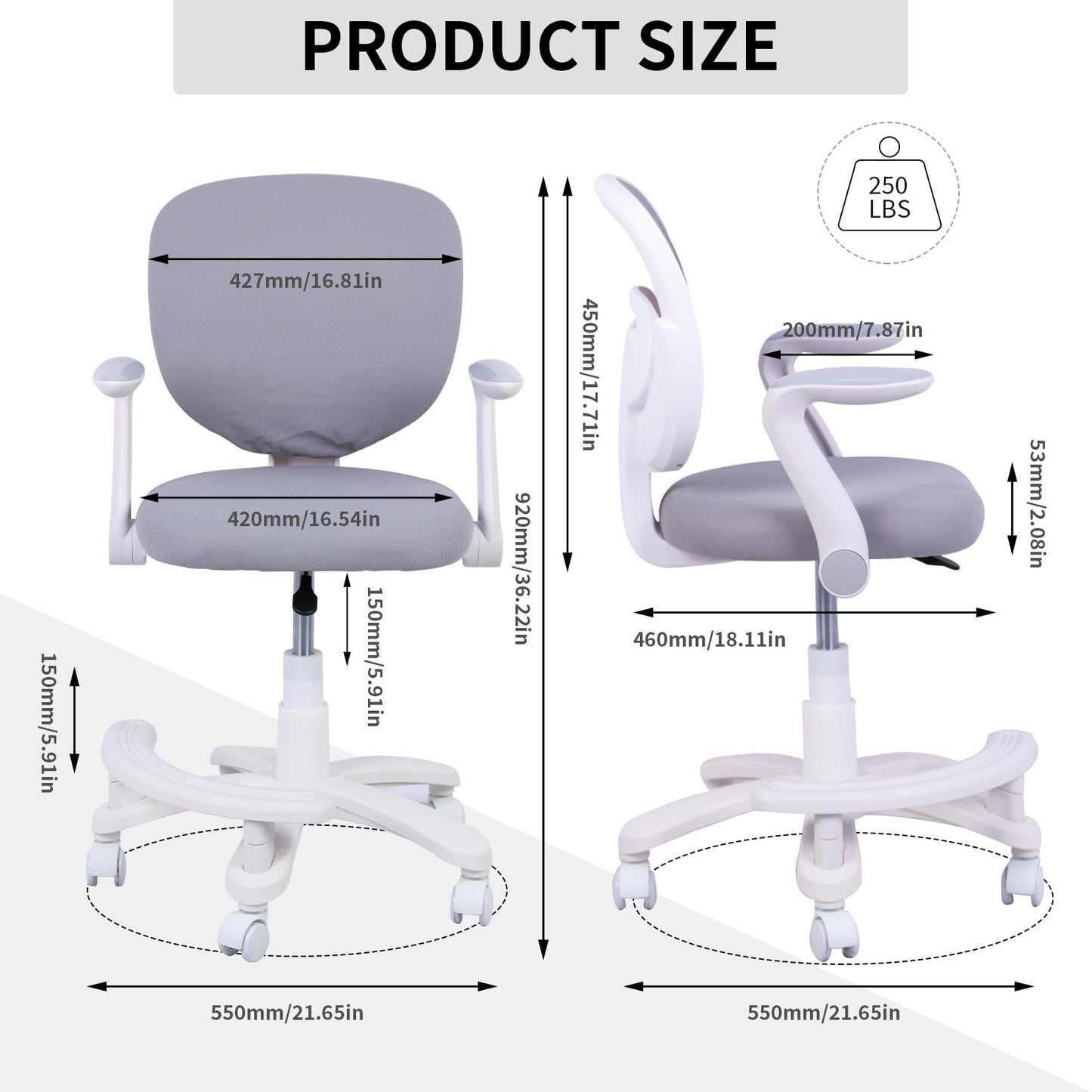 HYGRAD BUILT TO SURVIVE Swivel Chair Ergonomic Rolling Adjustable Kids Children Teens 360 Swivel Revolving Chair With Armrest & Foot Rest In Colours (Grey) HYGRAD BUILT TO SURVIVE