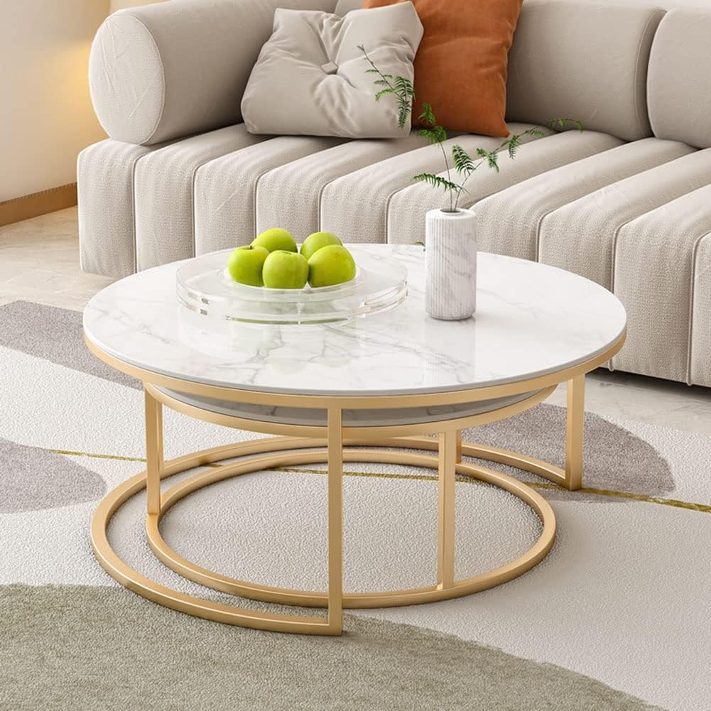 HYGRAD BUILT TO SURVIVE 2 x Round Sintered Stone With Metal Frame Marble Effect Nesting Coffee End Sofa Tables Home Living Room Furniture 70 x 70cm (White/Gold) HYGRAD BUILT TO SURVIVE