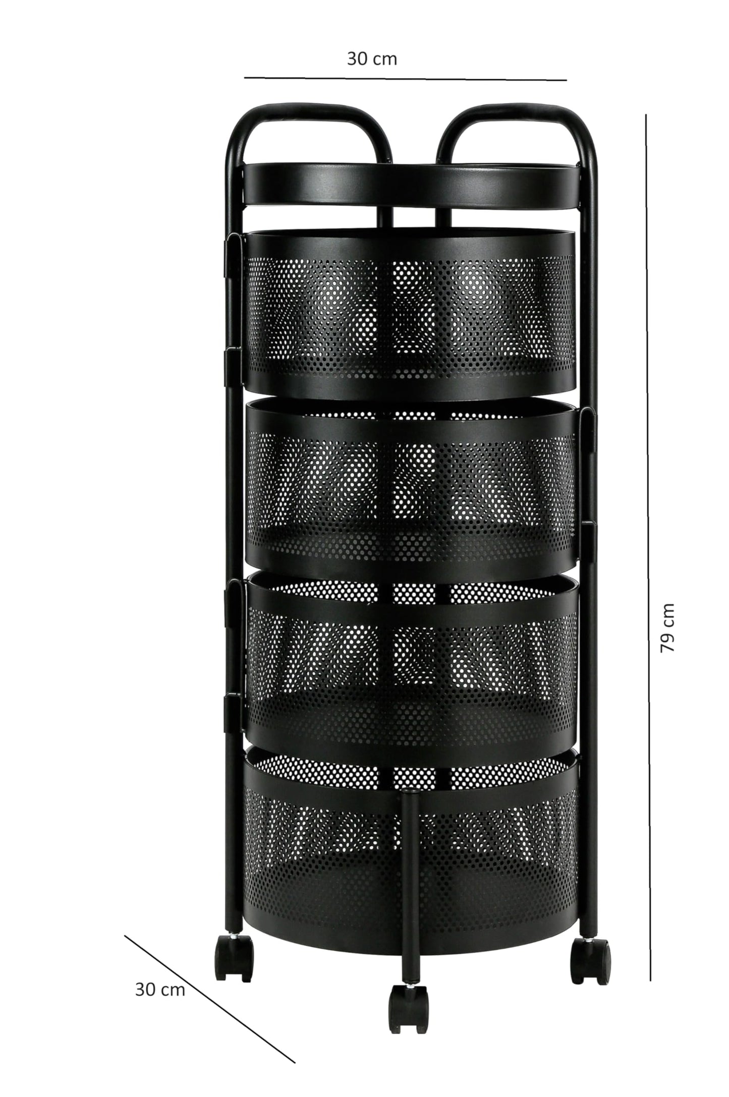 HYGRAD BUILT TO SURVIVE Black Metal Mesh Round Multi-Tier Portable Floor Standing Rotating Kitchen Cart Trolley Organiser Fruit Basket With Wheels (4 Tier) HYGRAD BUILT TO SURVIVE