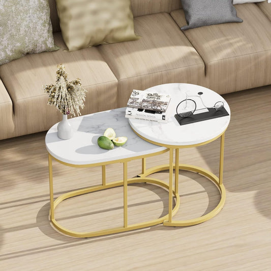 HYGRAD BUILT TO SURVIVE Set of 2 Marble/Metal Round Oval Nesting Side End Coffee Table White/Gold, White/Black, Black/Black & Black/Gold For Home Living Bed Room (White/Gold) HYGRAD BUILT TO SURVIVE