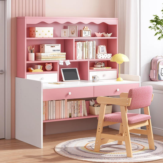 HYGRAD BUILT TO SURVIVE Wooden Pink/White Free Standing Study Table Desk With Shelves & Drawers For Kids Children Girls Home (Pink/White) HYGRAD BUILT TO SURVIVE