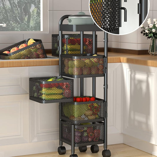 4, 5 Tier Rolling Multi-purpose Metal Rotating Rolling Free Standing Detachable Mesh Potato/Fruits/Vegetable Storage Baskets Shelf Organizer Tidy Kitchen Rack With Wheels (5 Tier) HYGRAD BUILT TO SURVIVE