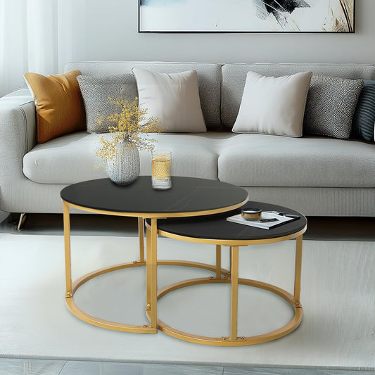 HYGRAD BUILT TO SURVIVE 2 x Round Sintered Stone With Metal Frame Marble Effect Nesting Coffee End Sofa Tables Home Living Room Furniture 70 x 70cm (Black/Gold) HYGRAD BUILT TO SURVIVE