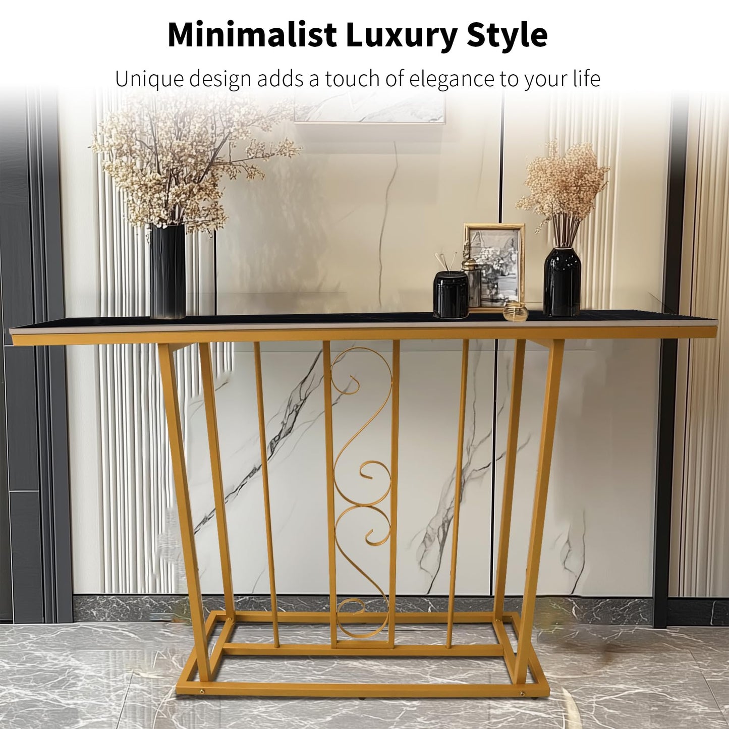 HYGRAD BUILT TO SURVIVE Large Marble Effect Sintered Stone With Metal Frame Free Standing Console Table Hallway Entrance Furniture 120 cm (Black/Gold) HYGRAD BUILT TO SURVIVE