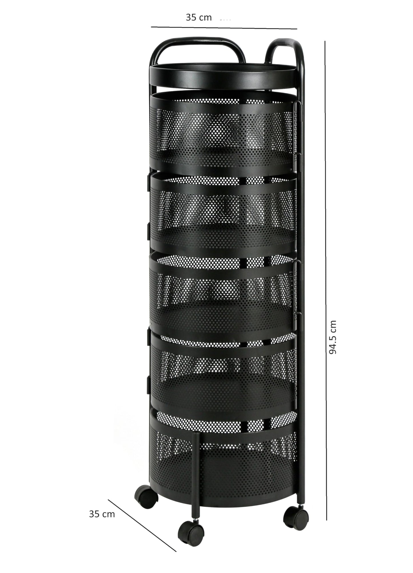 HYGRAD BUILT TO SURVIVE Black Metal Mesh Round Multi-Tier Portable Floor Standing Rotating Kitchen Cart Trolley Organiser Fruit Basket With Wheels (5 Tier) HYGRAD BUILT TO SURVIVE