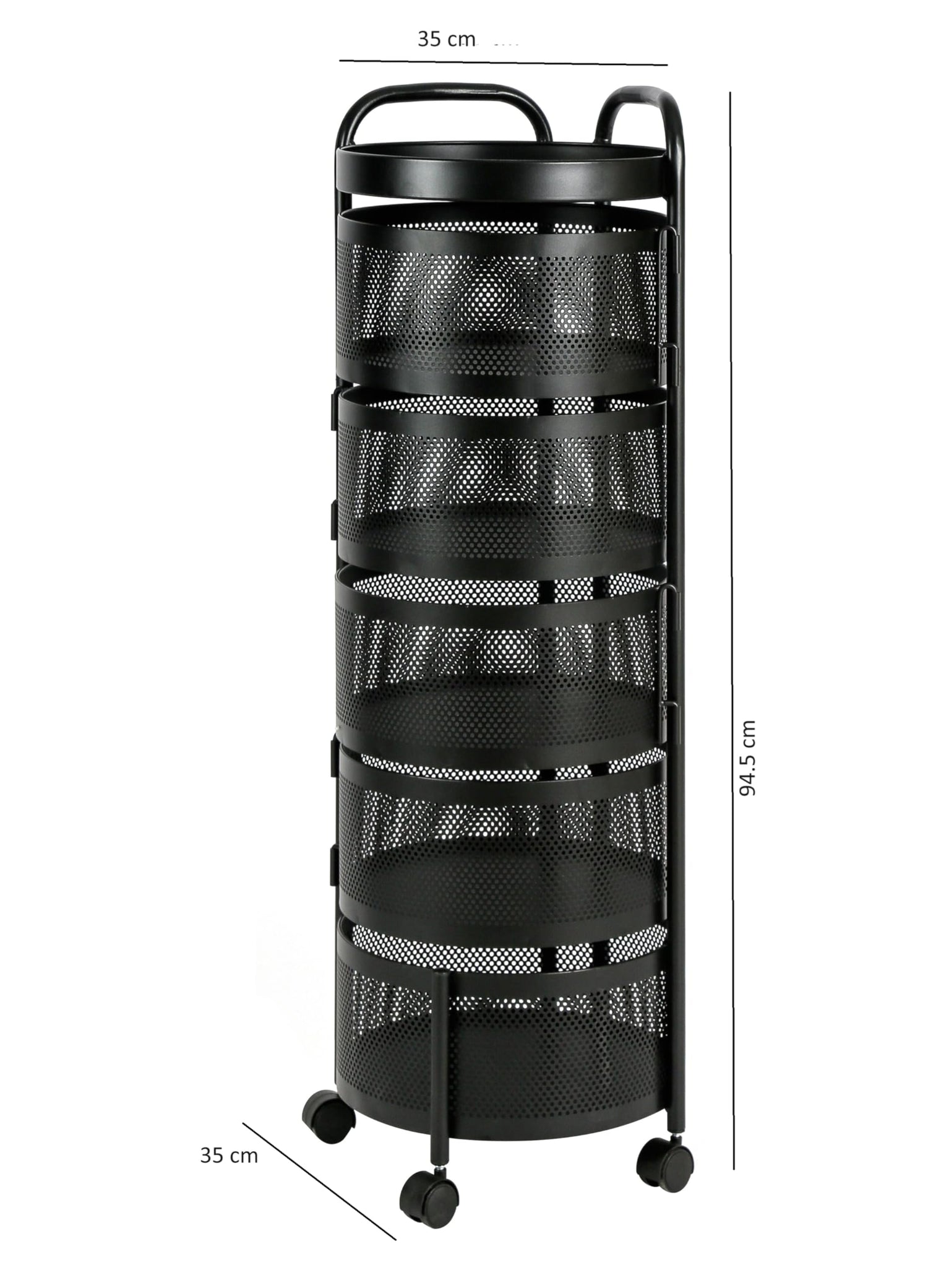 HYGRAD BUILT TO SURVIVE Black Metal Mesh Round Multi-Tier Portable Floor Standing Rotating Kitchen Cart Trolley Organiser Fruit Basket With Wheels (5 Tier) HYGRAD BUILT TO SURVIVE