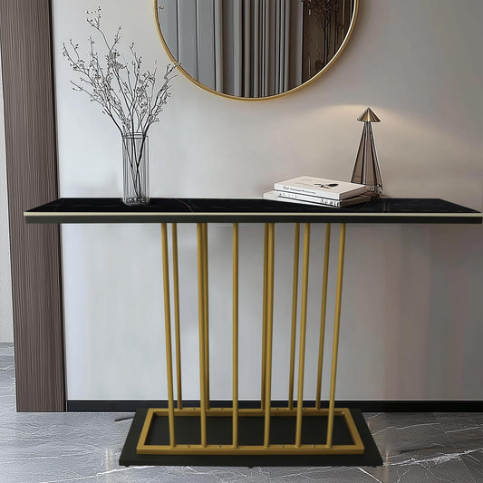HYGRAD BUILT TO SURVIVE Large Rectangular Free Standing Sintered Stone With Metal Frame Console Sofa End Table Hallway Furniture Home 120cm Wide (Black/Gold) HYGRAD BUILT TO SURVIVE