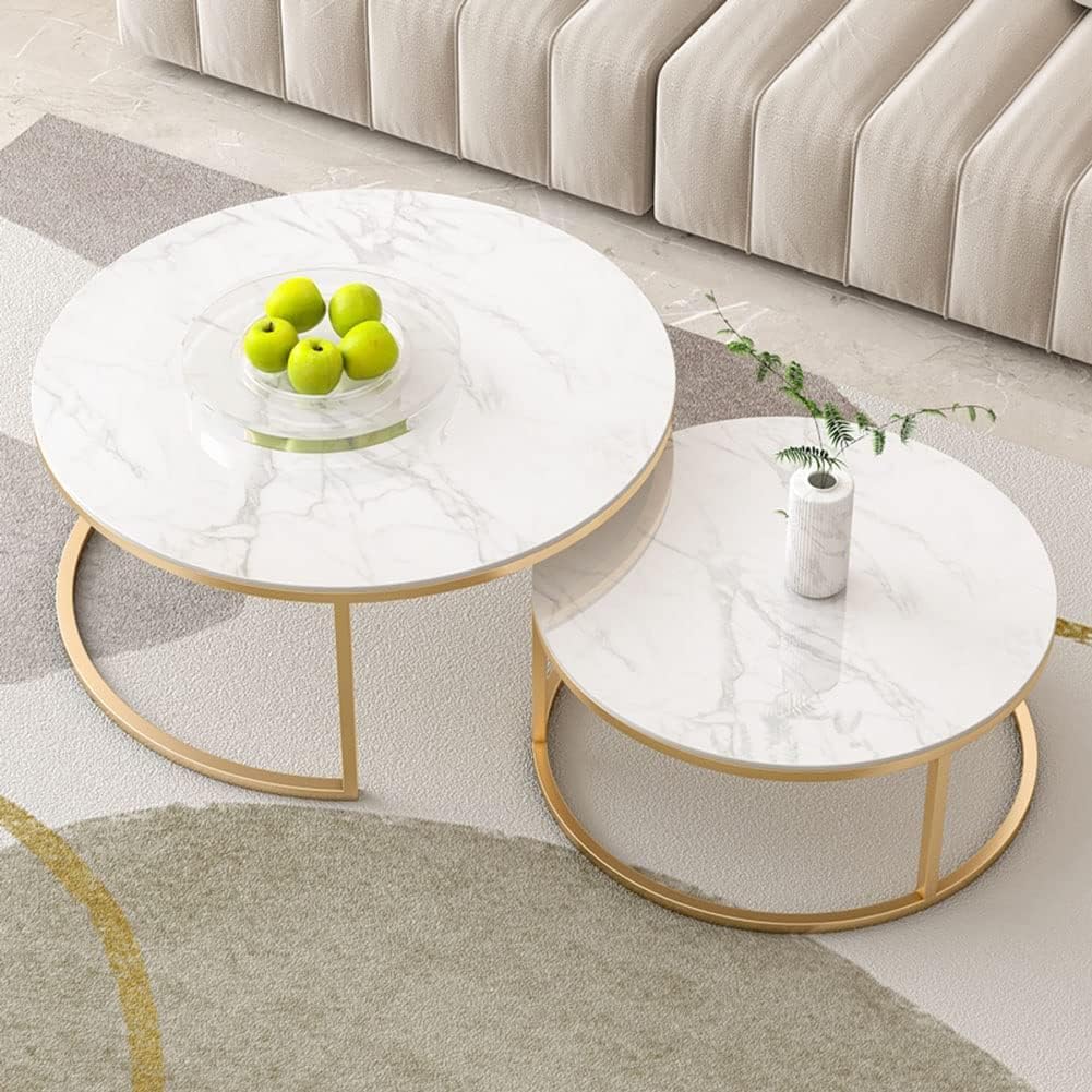 HYGRAD BUILT TO SURVIVE 2 x Round Sintered Stone With Metal Frame Marble Effect Nesting Coffee End Sofa Tables Home Living Room Furniture 70 x 70cm (White/Gold) HYGRAD BUILT TO SURVIVE