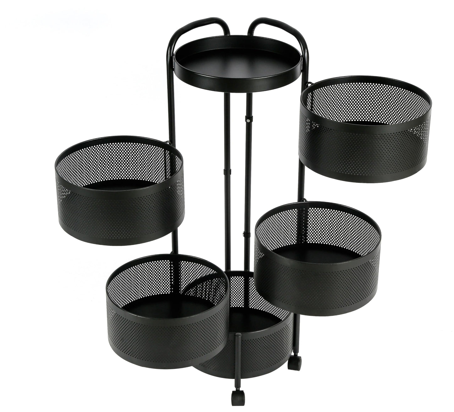 HYGRAD BUILT TO SURVIVE Black Metal Mesh Round Multi-Tier Portable Floor Standing Rotating Kitchen Cart Trolley Organiser Fruit Basket With Wheels (5 Tier) HYGRAD BUILT TO SURVIVE