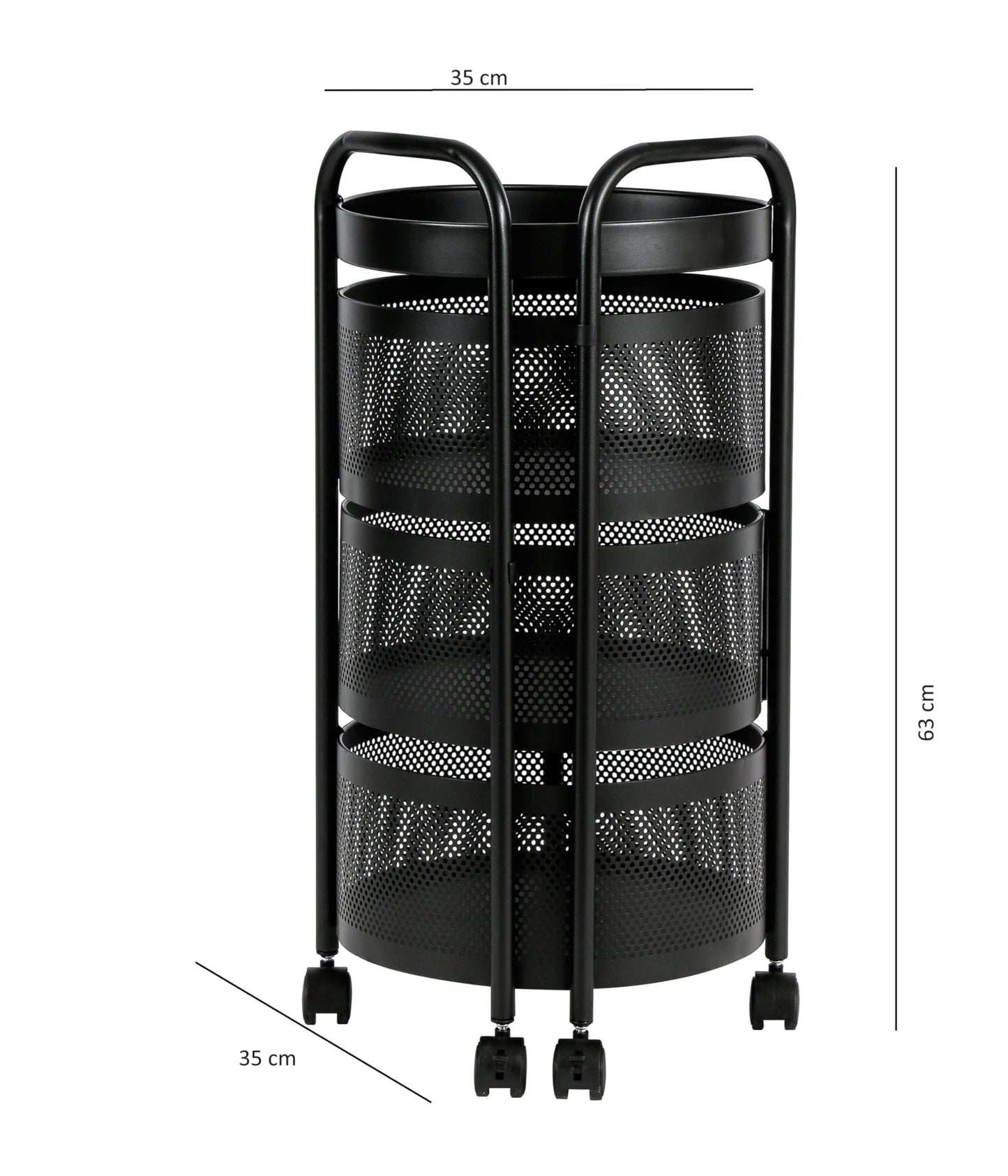 HYGRAD BUILT TO SURVIVE Black Metal Mesh Round Multi-Tier Portable Floor Standing Rotating Kitchen Cart Trolley Organiser Fruit Basket With Wheels (3 Tier) HYGRAD BUILT TO SURVIVE