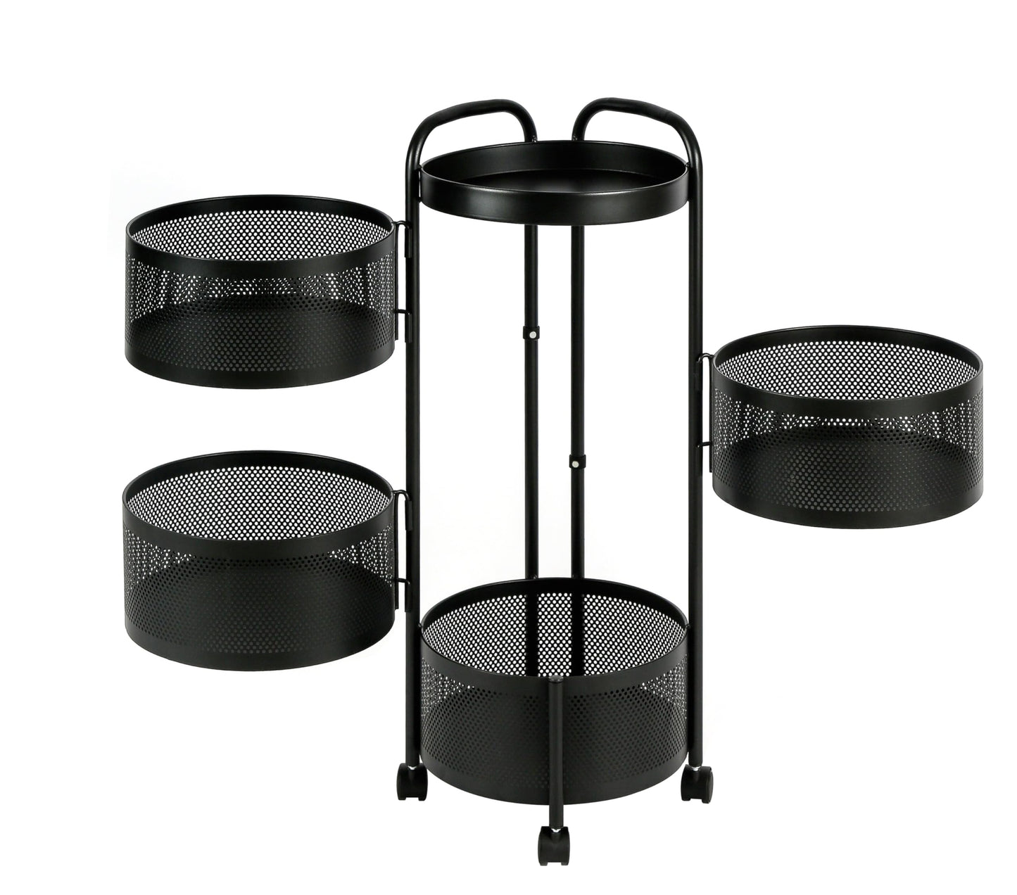 HYGRAD BUILT TO SURVIVE Black Metal Mesh Round Multi-Tier Portable Floor Standing Rotating Kitchen Cart Trolley Organiser Fruit Basket With Wheels (4 Tier) HYGRAD BUILT TO SURVIVE