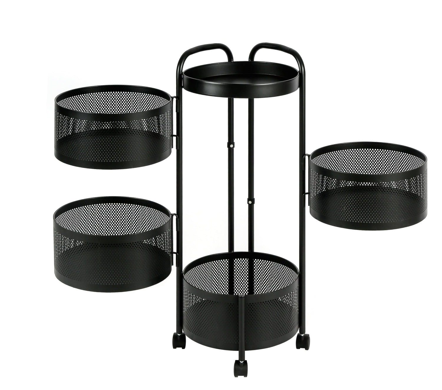 HYGRAD BUILT TO SURVIVE Black Metal Mesh Round Multi-Tier Portable Floor Standing Rotating Kitchen Cart Trolley Organiser Fruit Basket With Wheels (4 Tier) HYGRAD BUILT TO SURVIVE