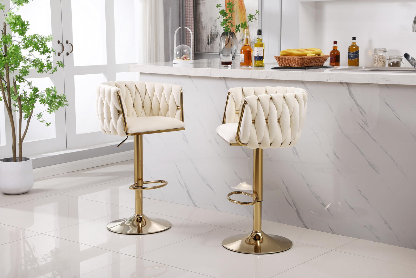 HYGRAD BUILT TO SURVIVE Set of 2 x Velvet Woven Upholstered Adjustable High Swivel Breakfast Bar Pub Home Stool Chair With Gold Metal base & Gas Lift (Cream/Gold) HYGRAD BUILT TO SURVIVE
