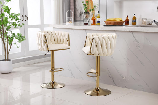 HYGRAD BUILT TO SURVIVE Set of 2 x Velvet Woven Upholstered Adjustable High Swivel Breakfast Bar Pub Home Stool Chair With Gold Metal base & Gas Lift (Cream/Gold) HYGRAD BUILT TO SURVIVE
