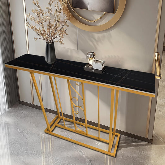HYGRAD BUILT TO SURVIVE Large Marble Effect Sintered Stone With Metal Frame Free Standing Console Table Hallway Entrance Furniture 120 cm (Black/Gold) HYGRAD BUILT TO SURVIVE