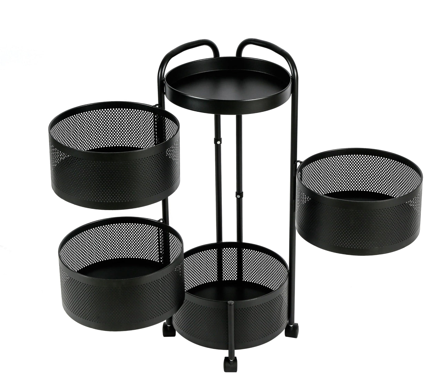 HYGRAD BUILT TO SURVIVE Black Metal Mesh Round Multi-Tier Portable Floor Standing Rotating Kitchen Cart Trolley Organiser Fruit Basket With Wheels (4 Tier) HYGRAD BUILT TO SURVIVE