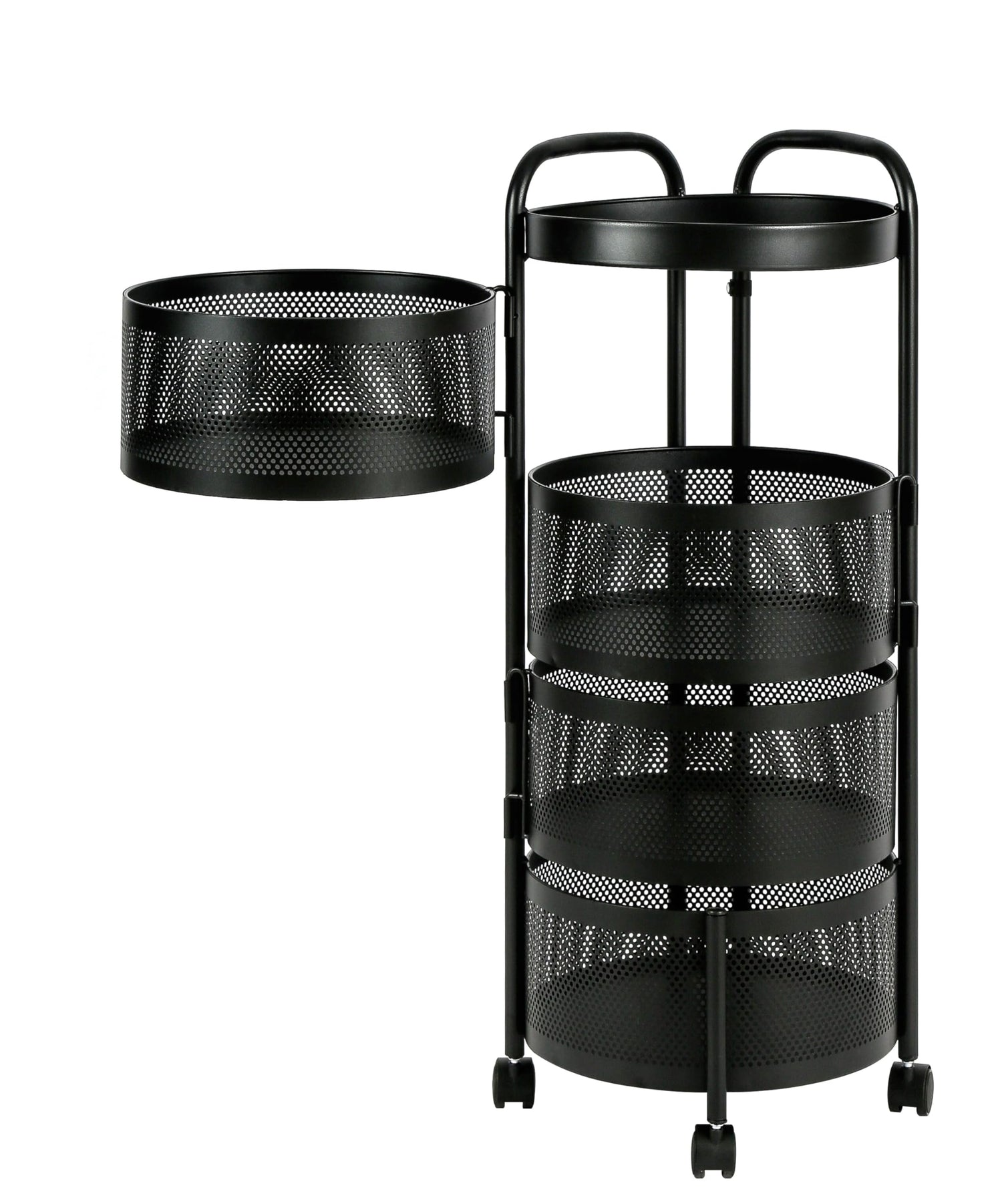 HYGRAD BUILT TO SURVIVE Black Metal Mesh Round Multi-Tier Portable Floor Standing Rotating Kitchen Cart Trolley Organiser Fruit Basket With Wheels (4 Tier) HYGRAD BUILT TO SURVIVE