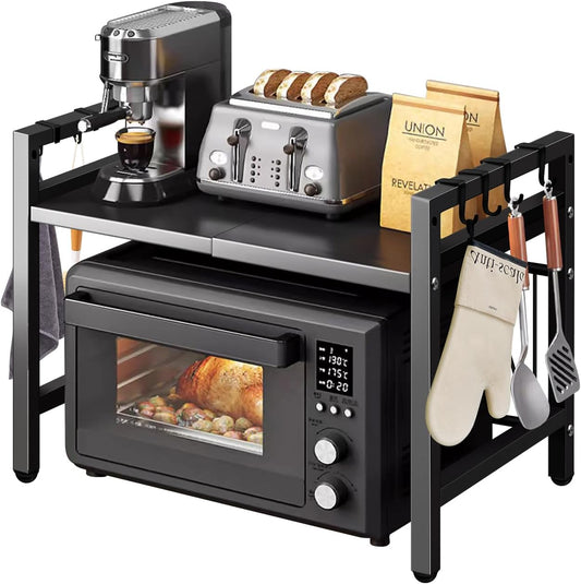 2 Tier Over Microwave Oven Shelf Storage Solution Organiser Stand Utensil Holder Counter Shelf and Organizer with 3 Hooks Carbon Steel 55lbs Weight Capacity Matte Black HYGRAD BUILT TO SURVIVE