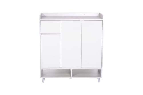 HYGRAD BUILT TO SURVIVE Wooden Shoe Cabinet with 3 Doors 5-Tier Shoe Storage Organiser with 1 Drawer and 1 Cabinet Shoe Cupboard for Hallway, White, 90cm Wide (Full White) HYGRAD BUILT TO SURVIVE