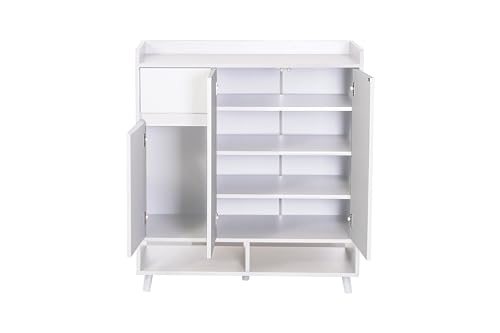 HYGRAD BUILT TO SURVIVE Wooden Shoe Cabinet with 3 Doors 5-Tier Shoe Storage Organiser with 1 Drawer and 1 Cabinet Shoe Cupboard for Hallway, White, 90cm Wide (Full White) HYGRAD BUILT TO SURVIVE