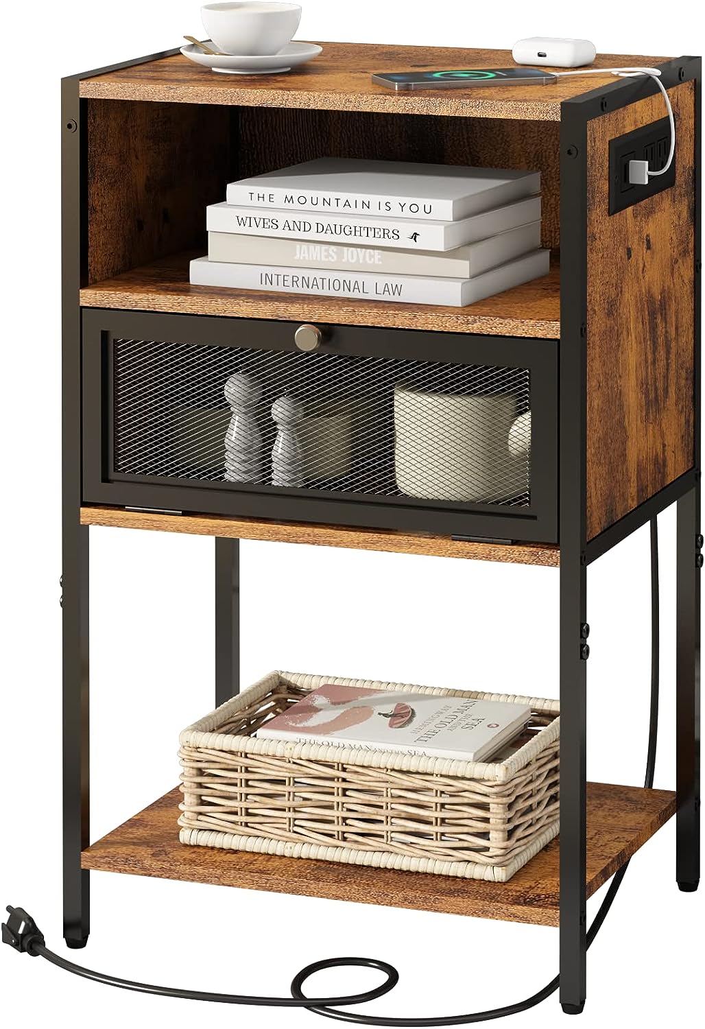 HYGRAD BUILT TO SURVIVE 3 Tier Industrial Look Wooden Nightstand Bedside Table With Drawer Storage & Charging Station UK Outlets USB Ports HYGRAD BUILT TO SURVIVE