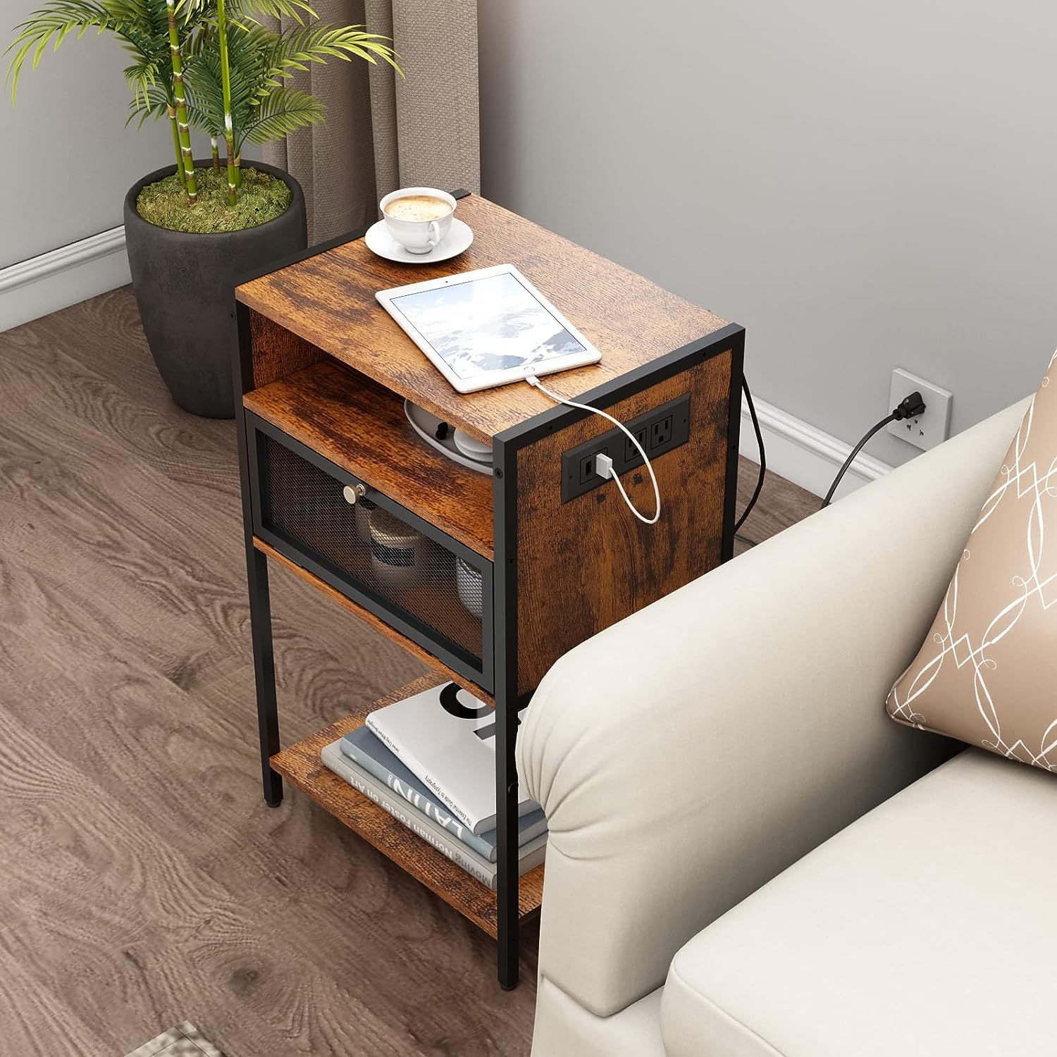 HYGRAD BUILT TO SURVIVE 3 Tier Industrial Look Wooden Nightstand Bedside Table With Drawer Storage & Charging Station UK Outlets USB Ports HYGRAD BUILT TO SURVIVE