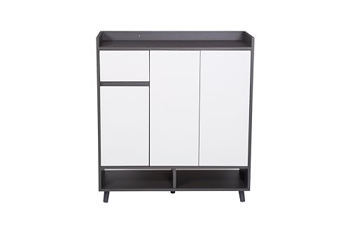 HYGRAD BUILT TO SURVIVE Wooden Shoe Cabinet with 3 Doors 5-Tier Shoe Storage Organiser with 1 Drawer and 1 Cabinet Shoe Cupboard for Hallway, 90cm Wide (White/Grey) HYGRAD BUILT TO SURVIVE