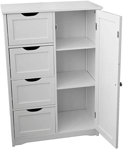 HYGRAD BUILT TO SURVIVE Bathroom Floor Cabinet Cupboard Free Standing Wooden Cabinet Storage Unit with 4 Drawers & 1 Door, Adjustable Shelf, White HYGRAD BUILT TO SURVIVE
