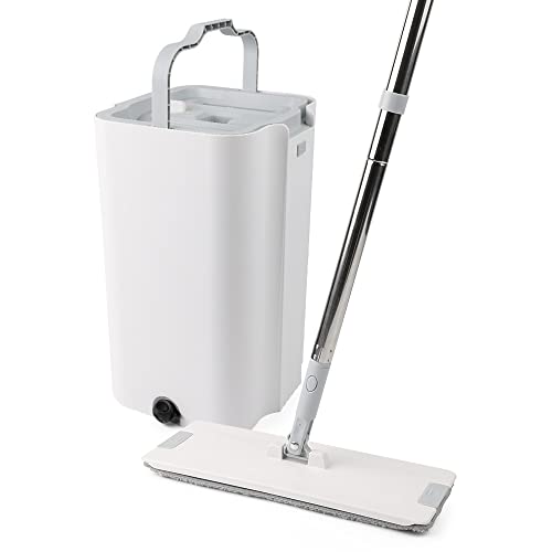 Floor Mop and Bucket Set − Easy Squeeze Mop Bucket, Flat Mop Compact & Lightweight Cleaning System with 360 Rotating Head for All Floors Types. Microfibre Reusable Wet and Dry Mop HYGRAD BUILT TO SURVIVE