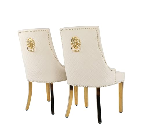 HYGRAD BUILT TO SURVIVE Velvet Upholstered Seat Luxury Dining Accent Chair With Gold Metal Legs Gold For Home Office Study Hallway (2, Cream) HYGRAD BUILT TO SURVIVE