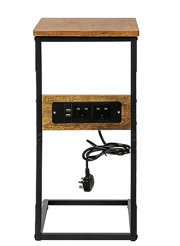 HYGRAD BUILT TO SURVIVE C-Shaped Wooden Industrial Look End Bedside Table Lap Desk With UK Plug Charging Station USB Ports Home Office HYGRAD BUILT TO SURVIVE