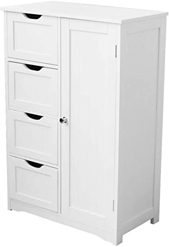 HYGRAD BUILT TO SURVIVE Bathroom Floor Cabinet Cupboard Free Standing Wooden Cabinet Storage Unit with 4 Drawers & 1 Door, Adjustable Shelf, White HYGRAD BUILT TO SURVIVE