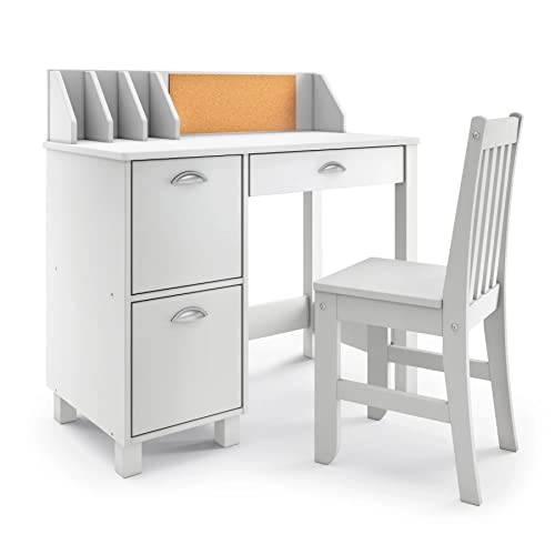 Wooden White Study Desk for Children with Chair, Bulletin Board and Drawers, Gift for Ages 5-14 Computer Desk Home School Student Study PC Writing Desks Table for Small Spaces Teen Work HYGRAD BUILT TO SURVIVE